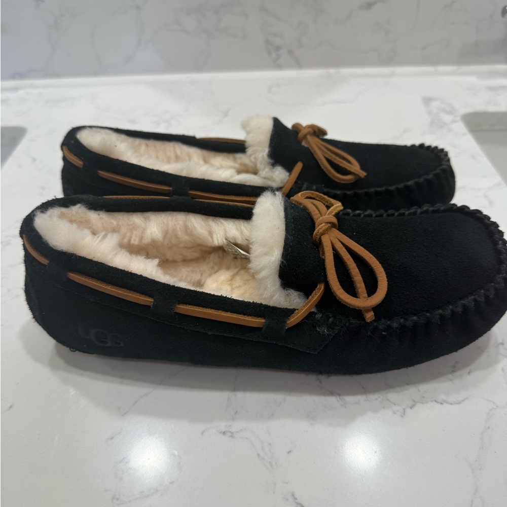 UGG Black Dakota Suede Moccasins with Tan Accents
